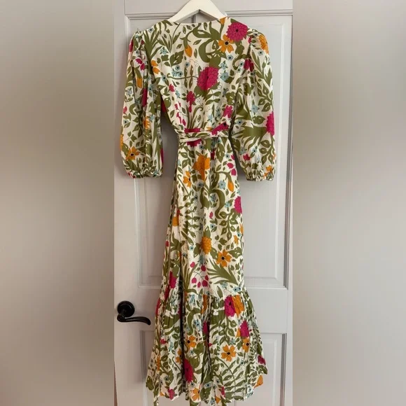 Beautiful Floral Puff Sleeve Midi Wrap Dress, Fully Lined. Sz S - Picture 3 of 5
